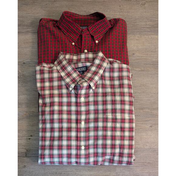 Lot of 2 LANDS' END Holiday Red Plaid Button Down Dress Shirts Size 17.5 34/35 - Picture 1 of 7